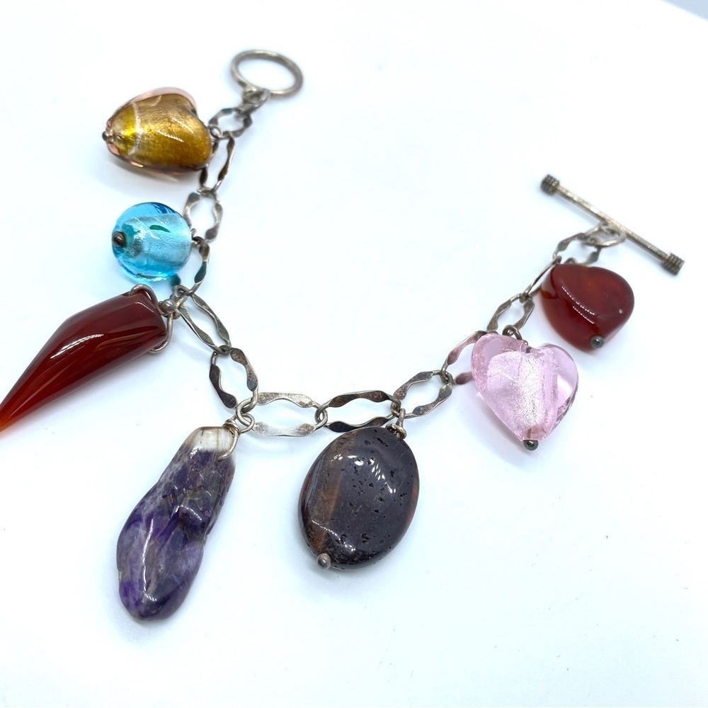 Boho Natural Stone & Glass Beads Silver Toggle Clasp Bracelet